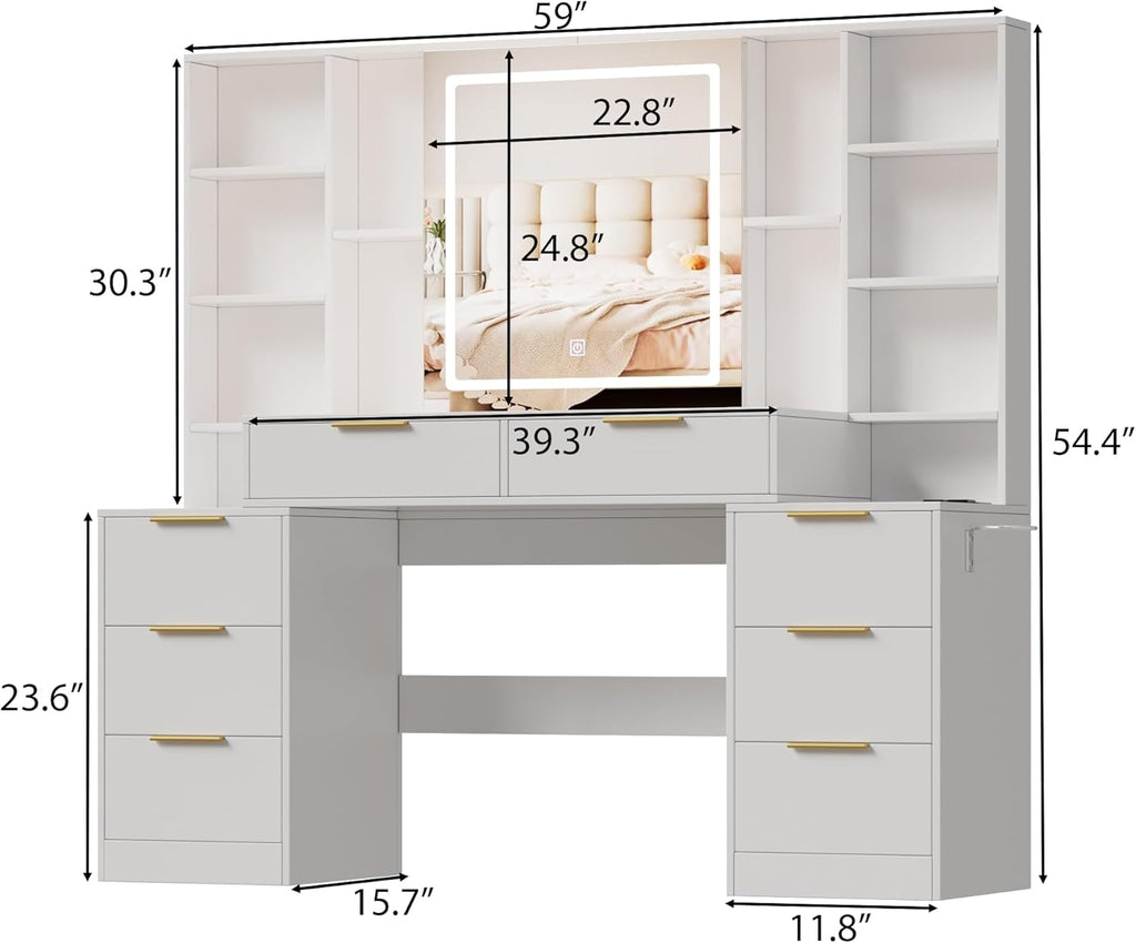 Large Makeup Vanity Desk with Lighted Mirror & Power Outlet