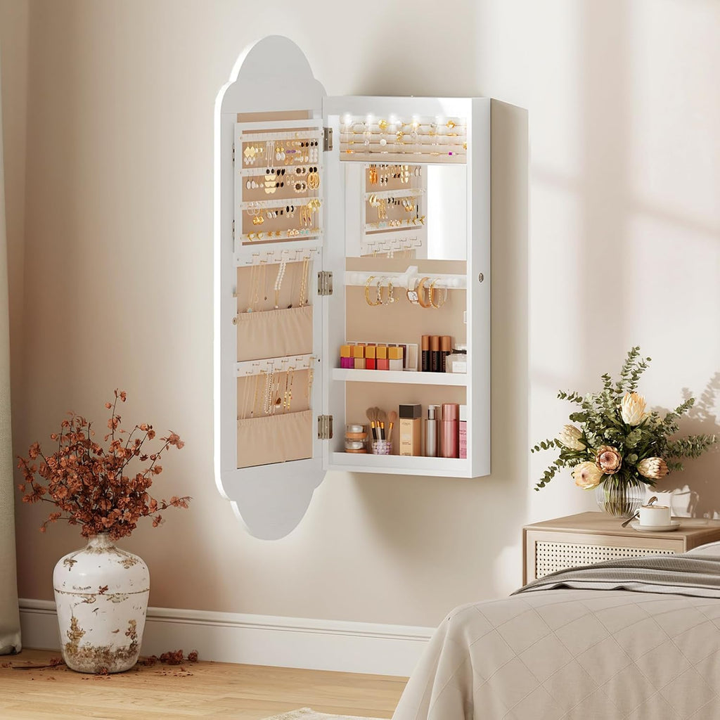 Hanging Jewelry Cabinet with Storage, Lockable, Interior Mirror