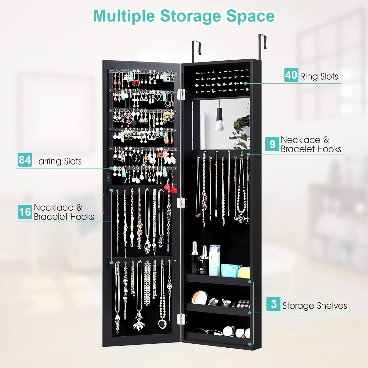 Wall Mounted Jewelry Armoire with Mirror - Black