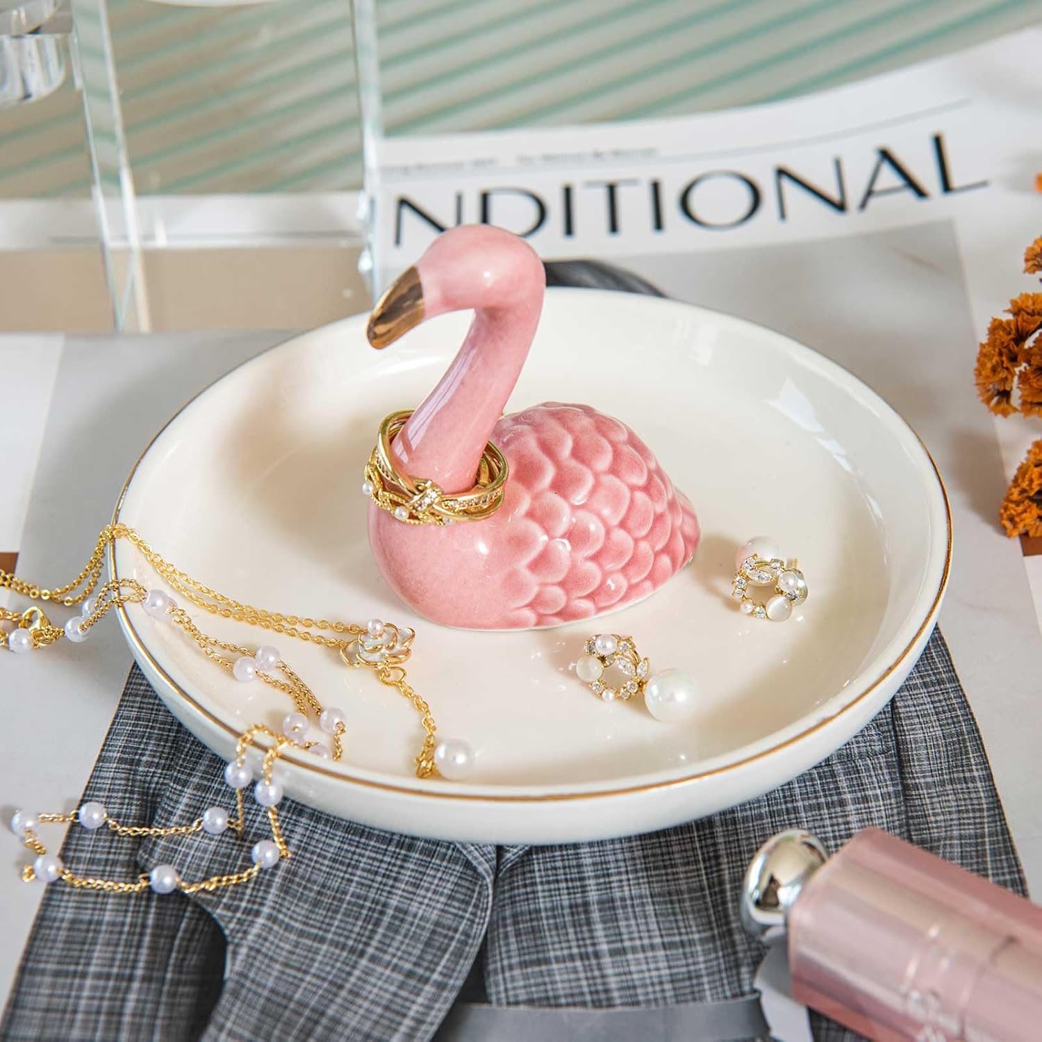 Flamingo Ring Holder Dish, Ceramic Jewelry Tray