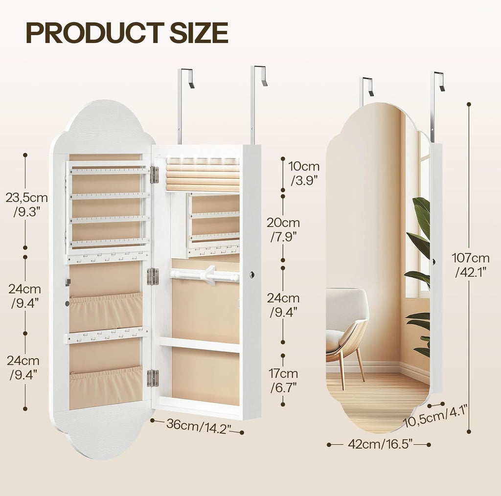 Hanging Jewelry Cabinet with Storage, Lockable, Interior Mirror