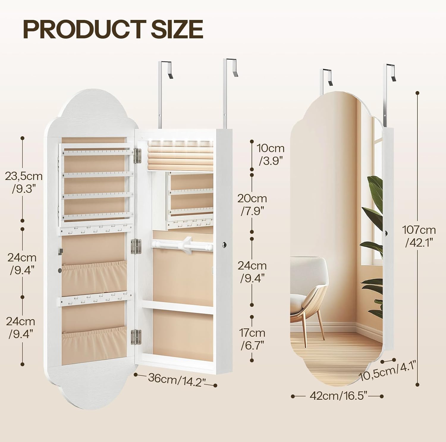 Hanging Jewelry Cabinet with Storage, Lockable, Interior Mirror