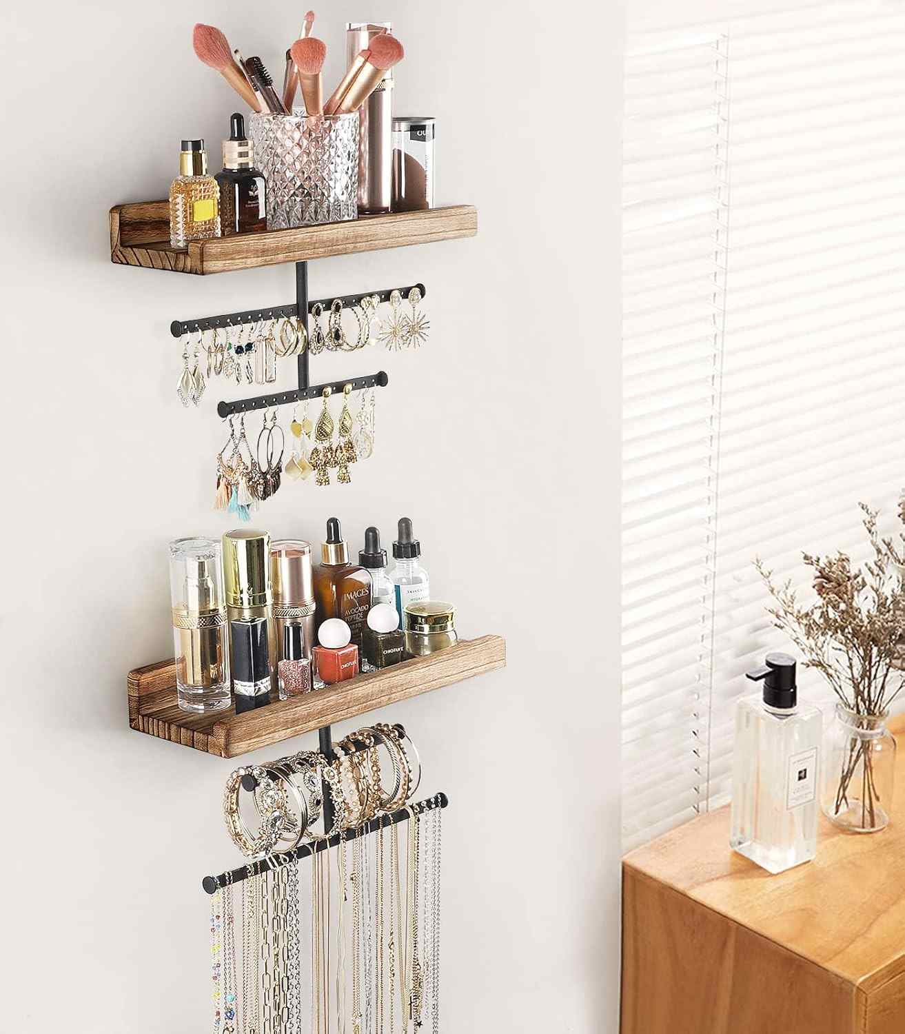 Set of 2 Wall Jewelry Organizer with Rustic Wood