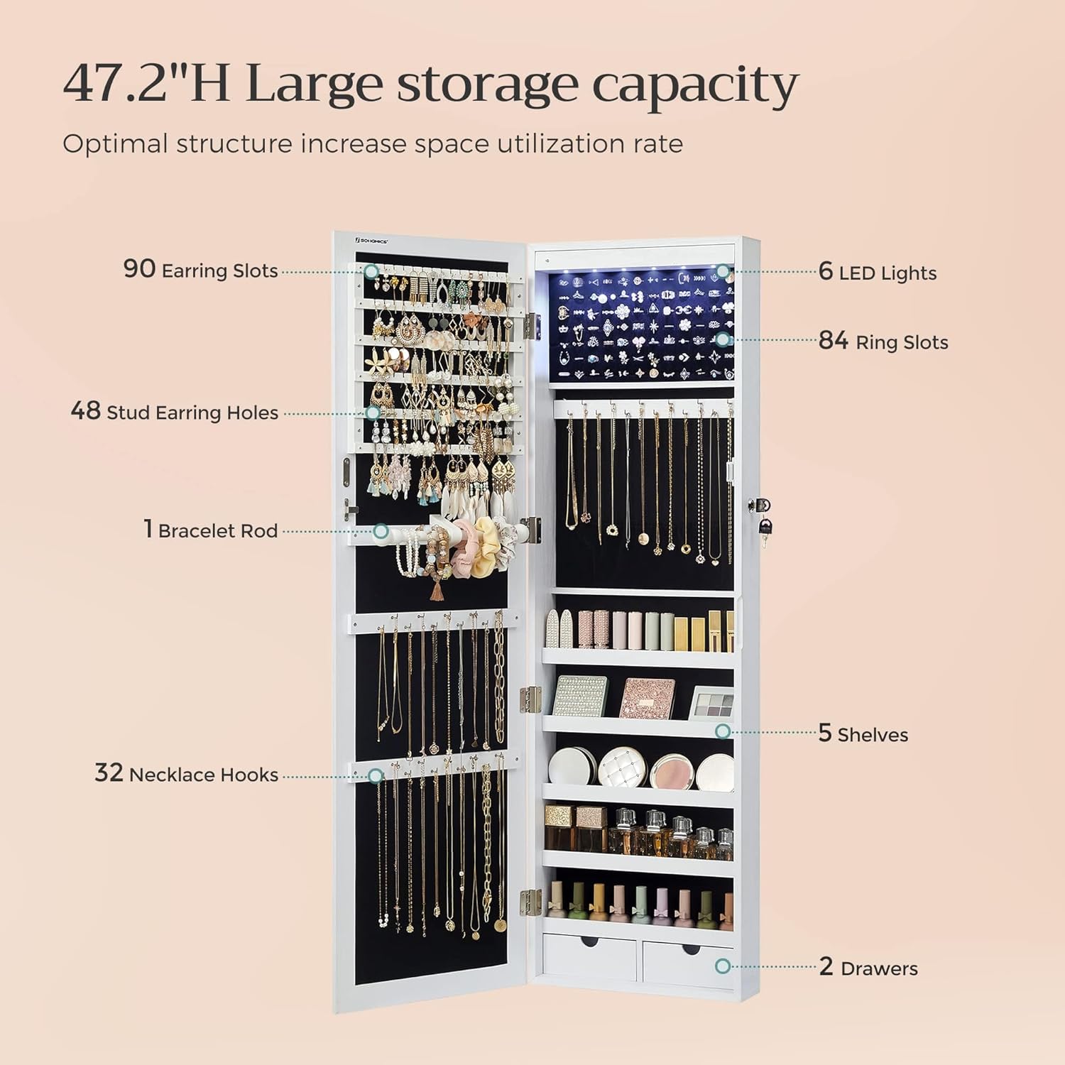 Large Wall Hanging Jewelry Cabinet with Mirror