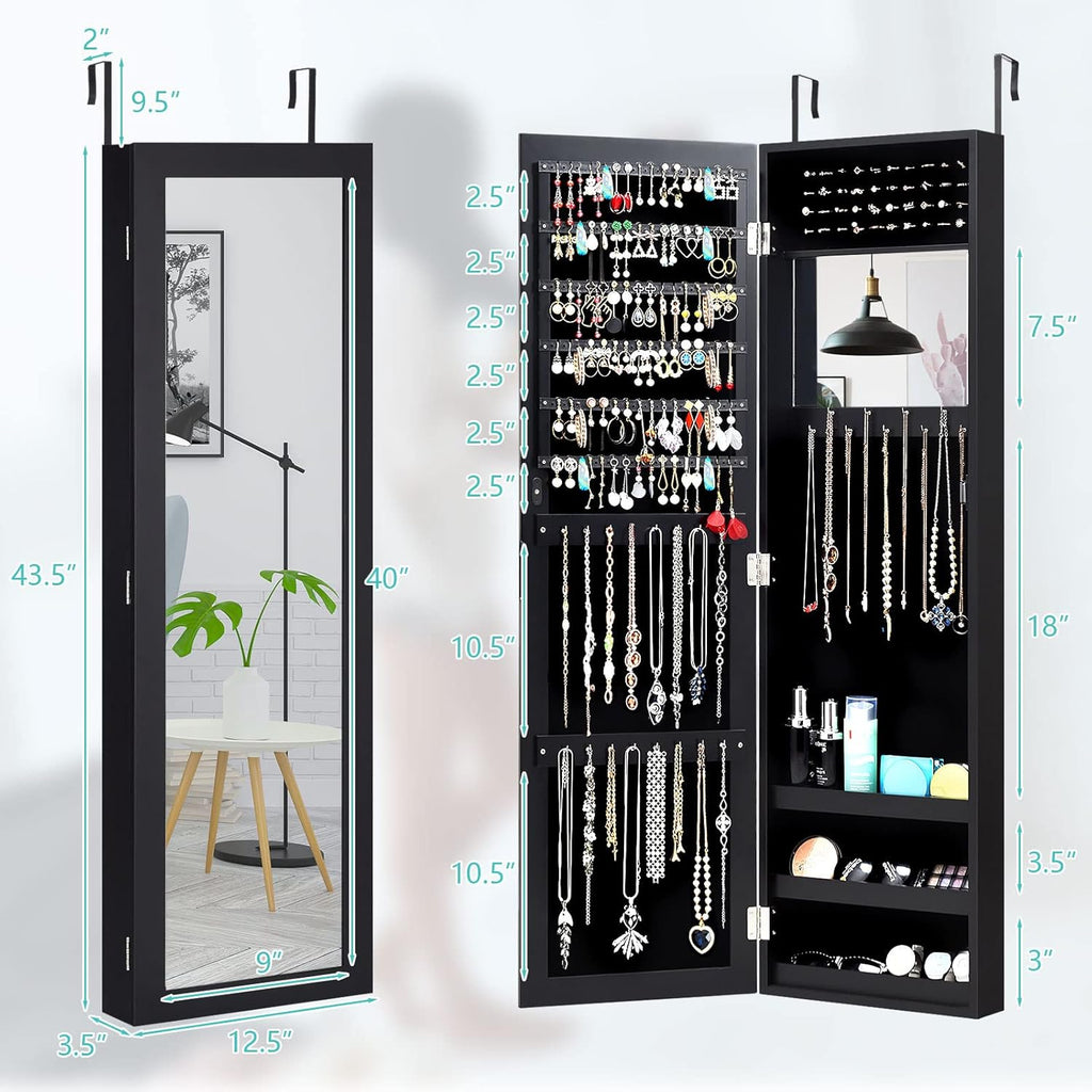 Wall Mounted Jewelry Armoire with Mirror - Black