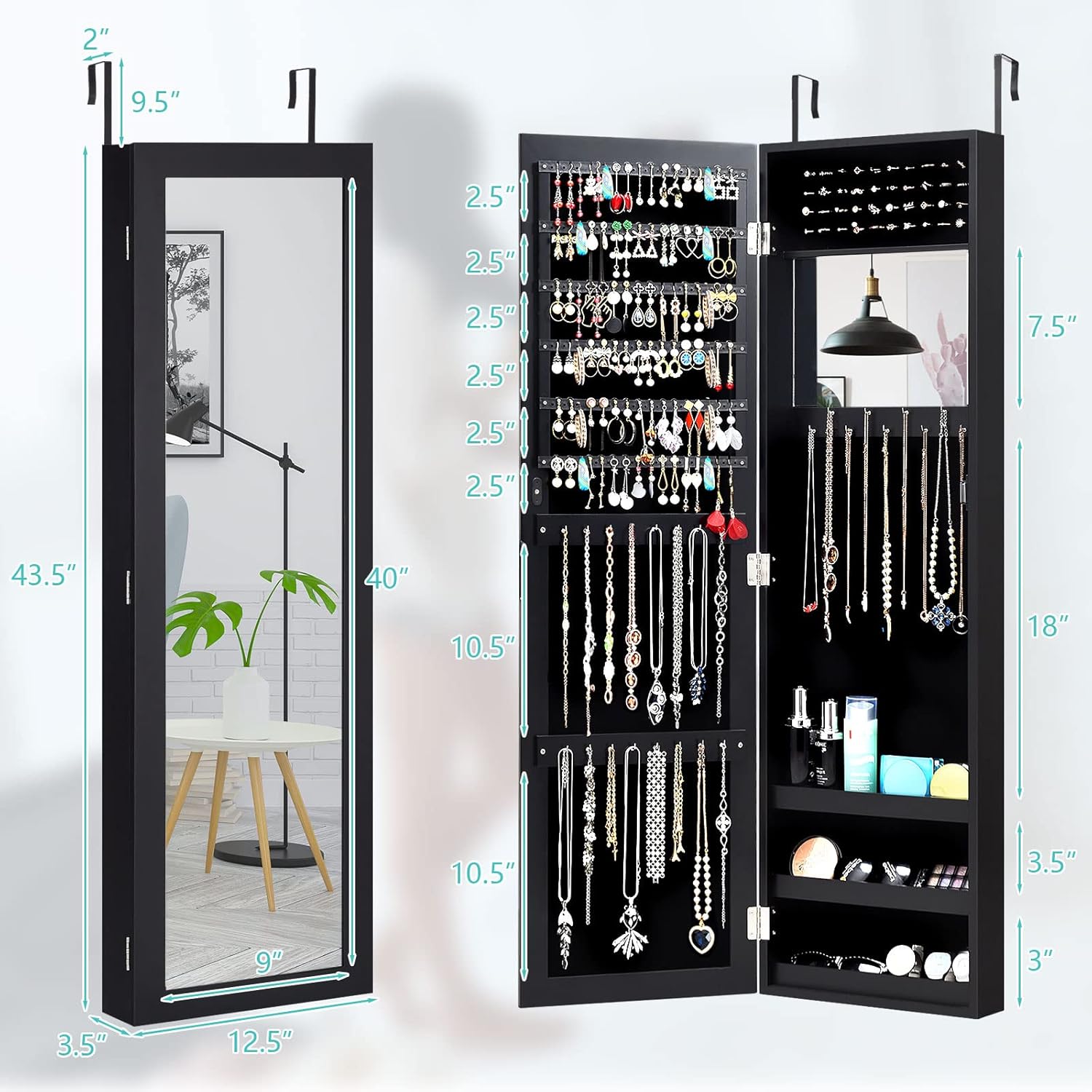 Wall Mounted Jewelry Armoire with Mirror - Black