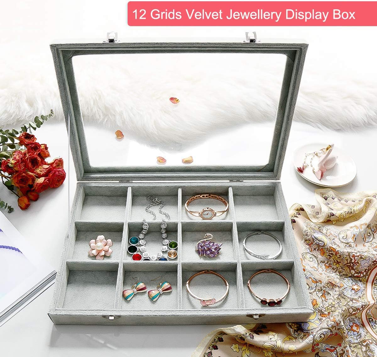 12 Grid Bracelet Organizer Tray with Clear Lid