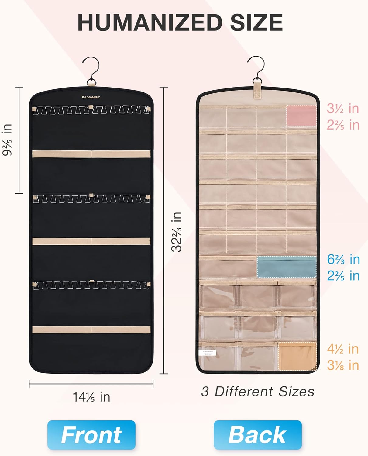 Dual sided hanging jewelry organizer with 20 Jewelry Bags