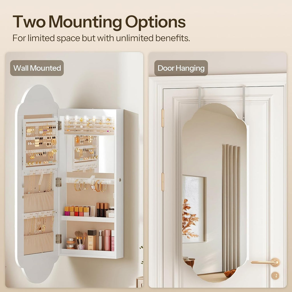 Hanging Jewelry Cabinet with Storage, Lockable, Interior Mirror