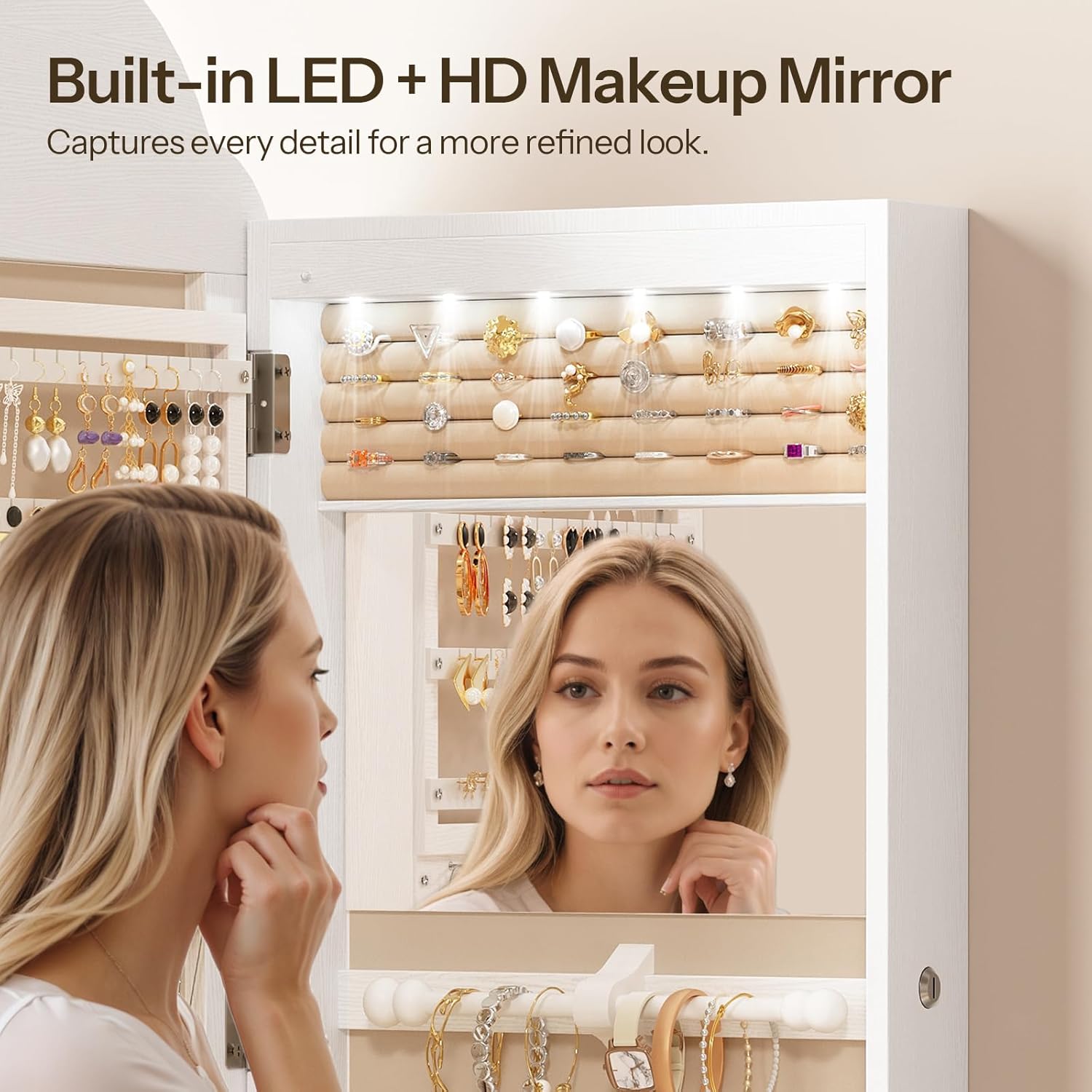 Hanging Jewelry Cabinet with Storage, Lockable, Interior Mirror