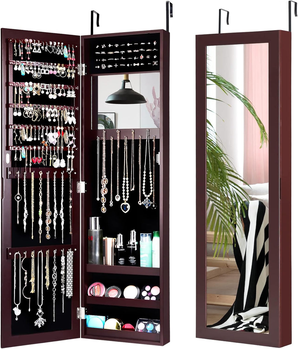 Wall Mounted Jewelry Armoire with Mirror - Black