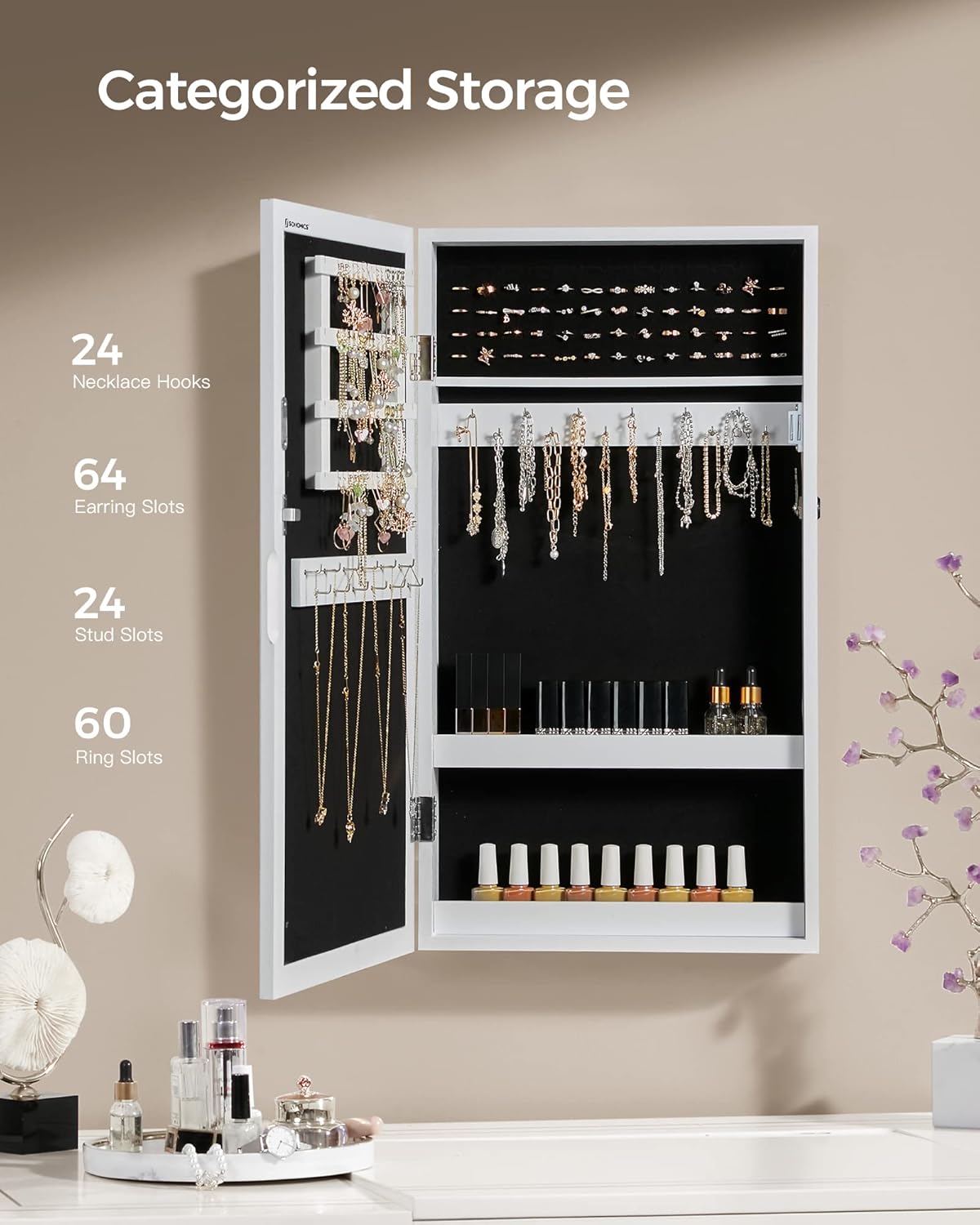 Lockable Jewelry Cabinet Armoire with Mirror