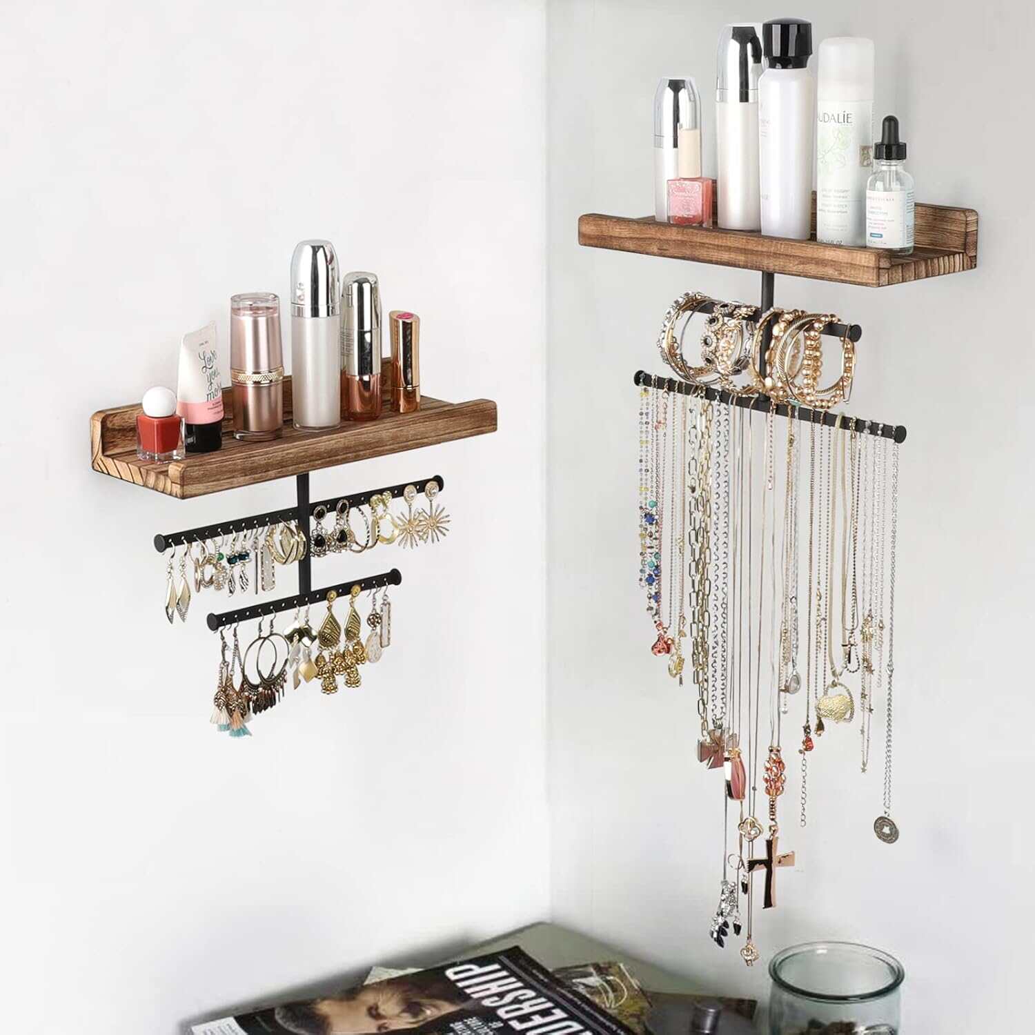 Set of 2 Wall Jewelry Organizer with Rustic Wood