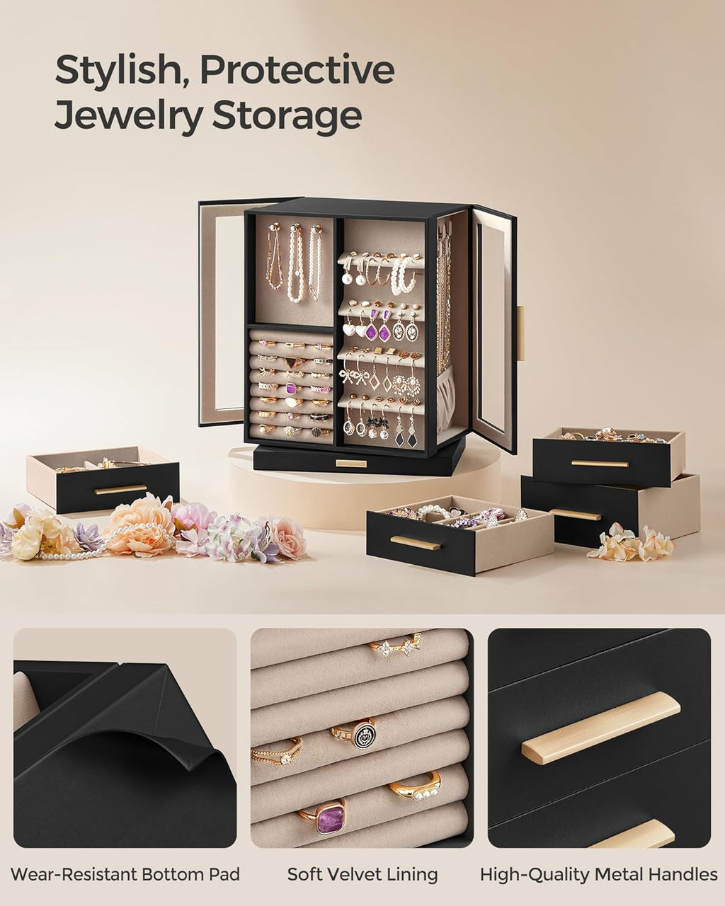 360° Rotating Large Jewelry Storage Case - Black
