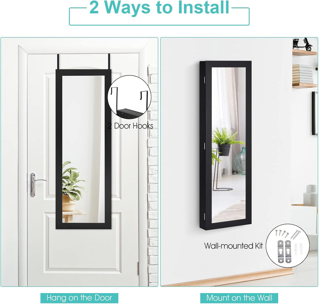 Wall Mounted Jewelry Armoire with Mirror - Black