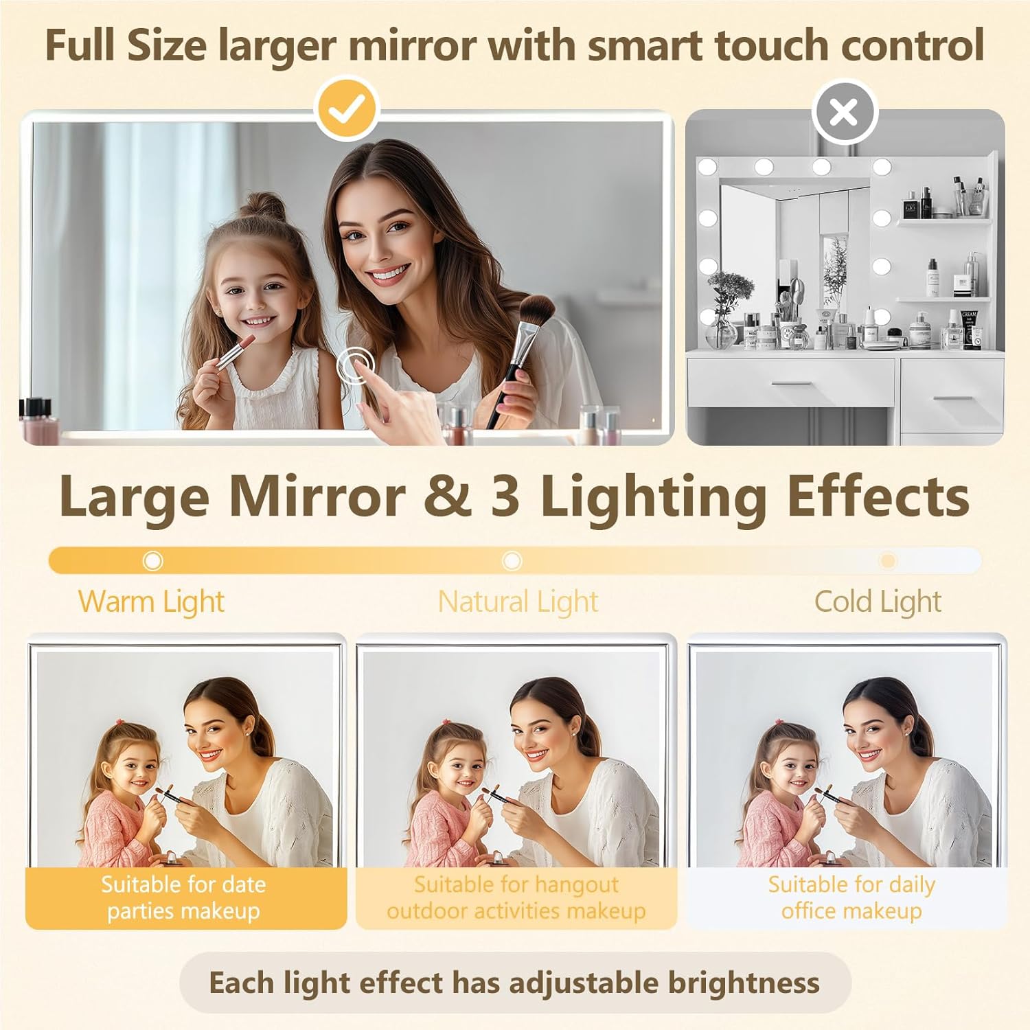 Farmhouse Makeup Vanity Desk with Lighted Mirror - Large