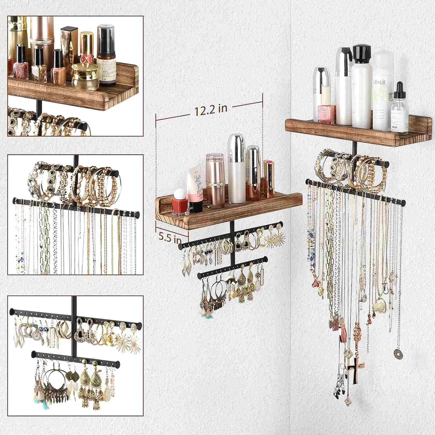 Set of 2 Wall Jewelry Organizer with Rustic Wood