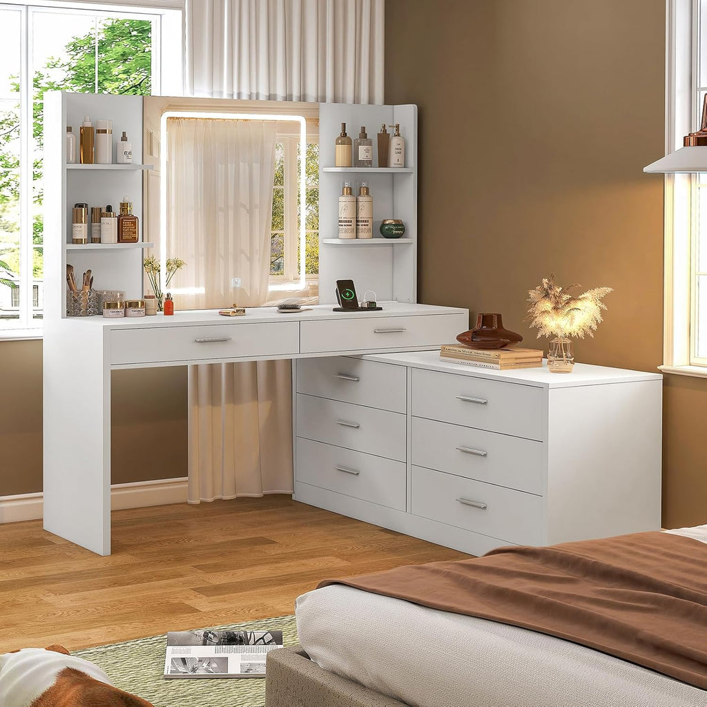 Vanity Makeup Desk with 8 Drawers, 6 Storage Shelves