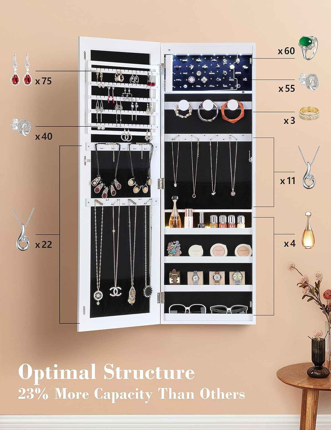 Large Capacity Lockable Jewelry Wall Cabinet with Lock