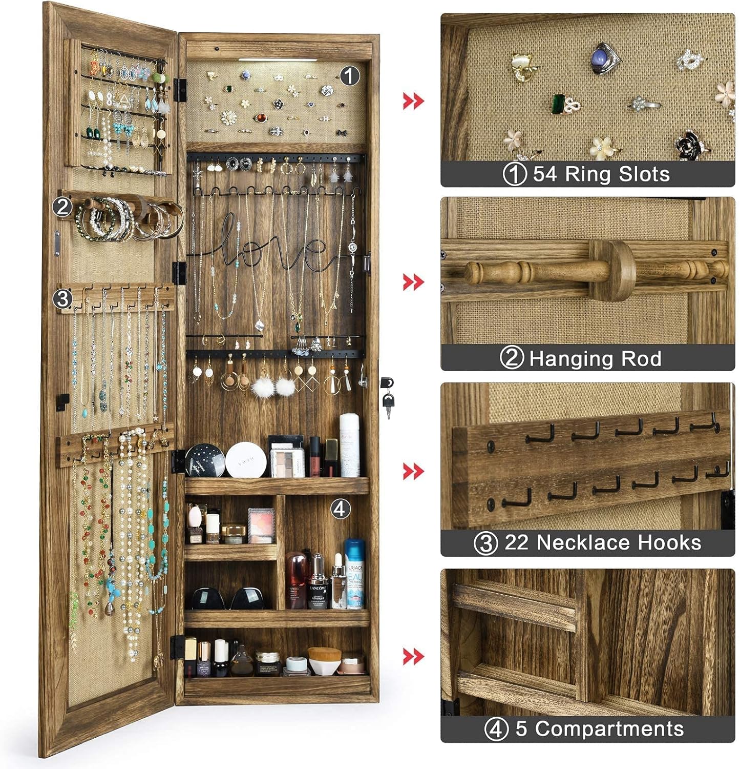 Solid Wood Jewelry Armoire Cabinet with Full Length Mirror