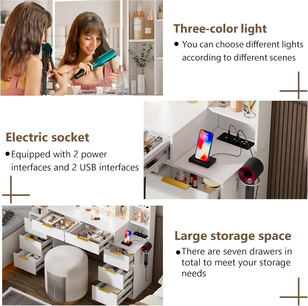 Large Makeup Vanity Desk with Lighted Mirror & Power Outlet