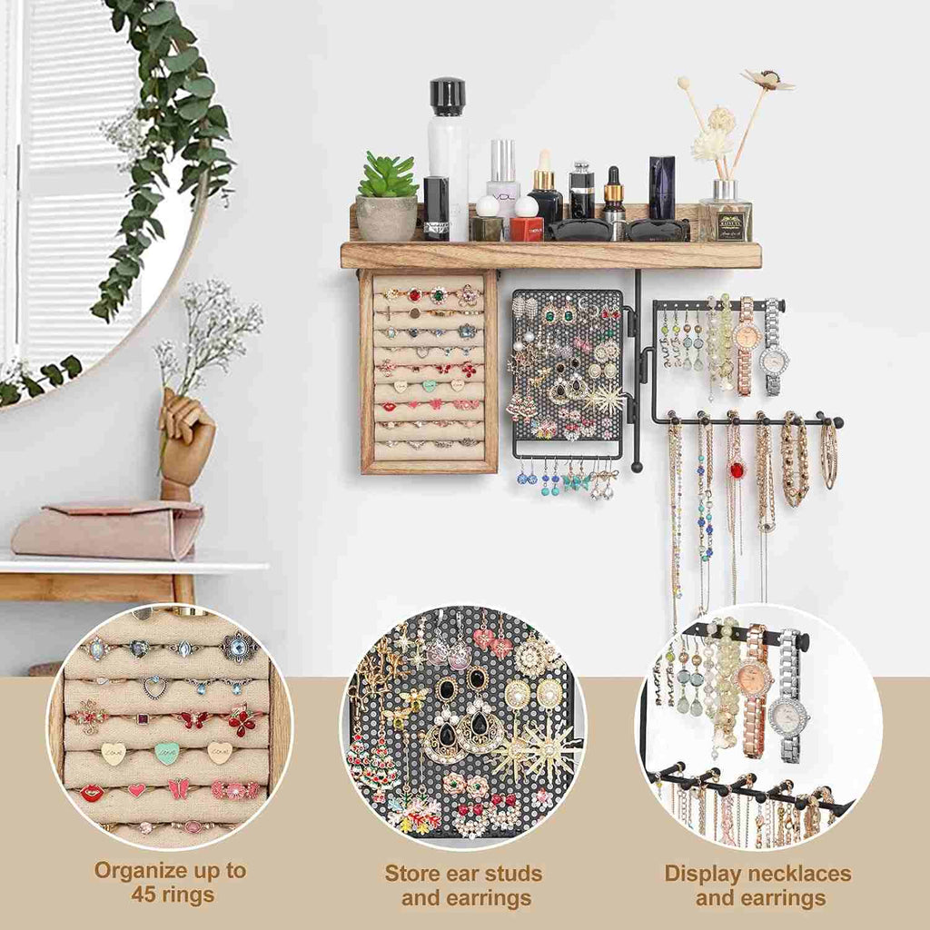 Hanging Jewelry Organizer Wall Mount Rustic Wood