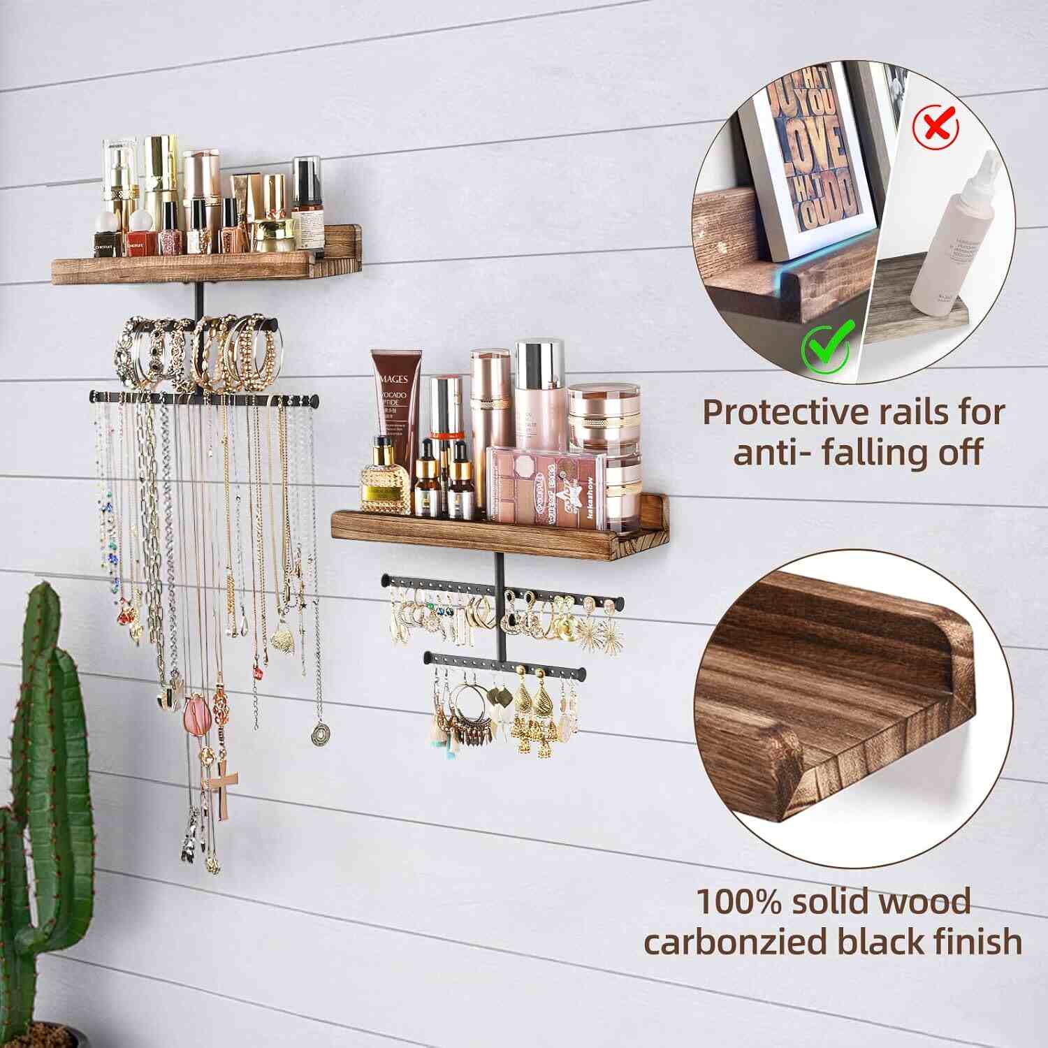 Set of 2 Wall Jewelry Organizer with Rustic Wood