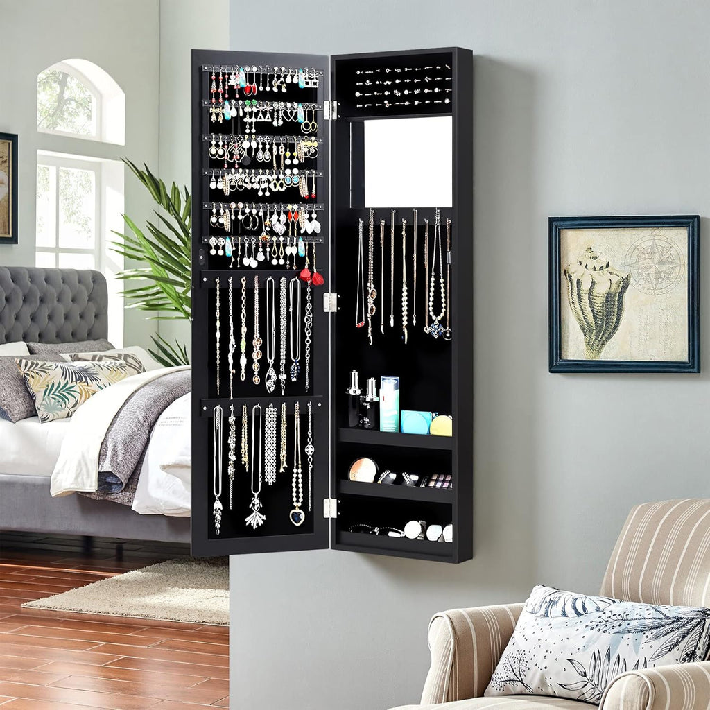 Wall Mounted Jewelry Armoire with Mirror - Black