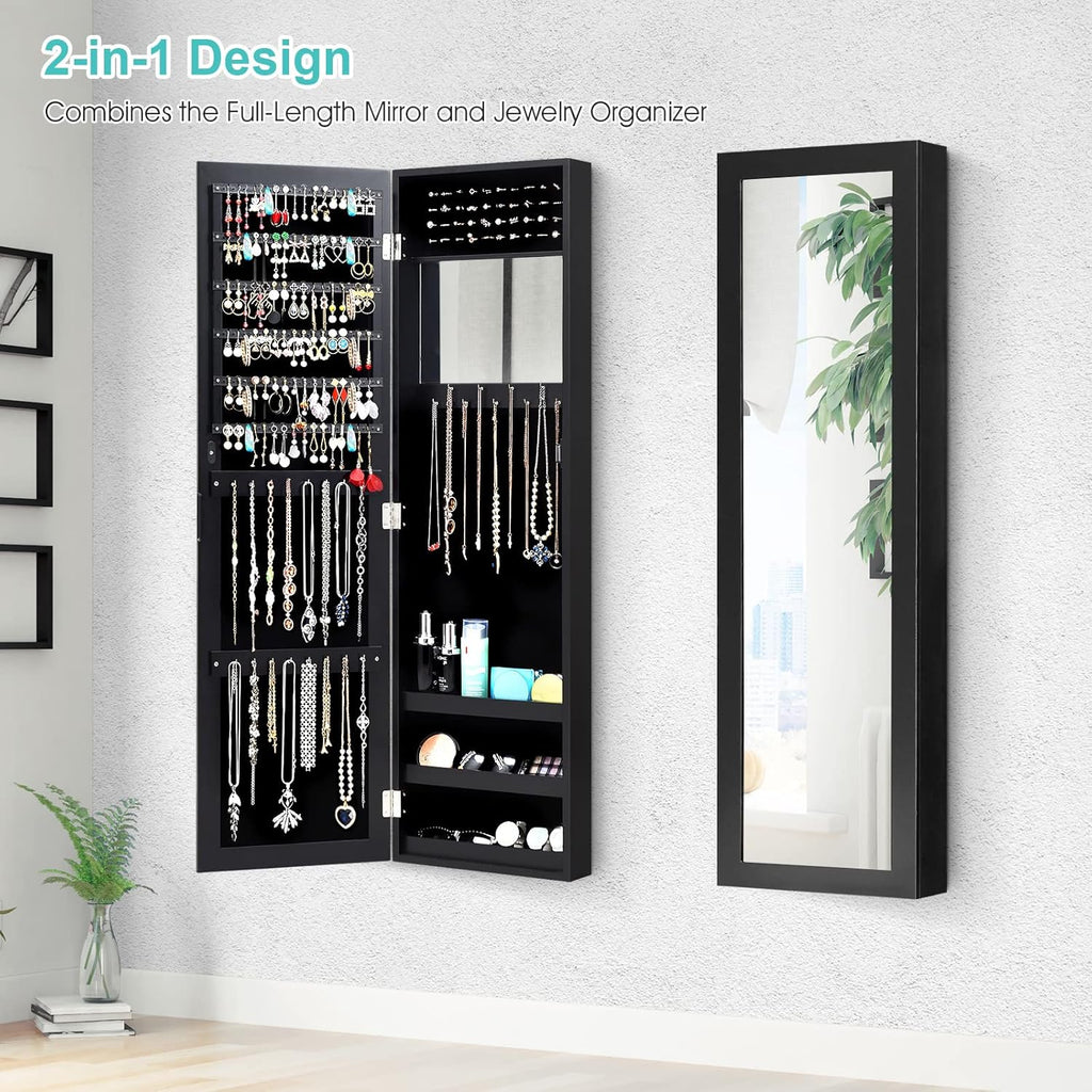 Wall Mounted Jewelry Armoire with Mirror - Black
