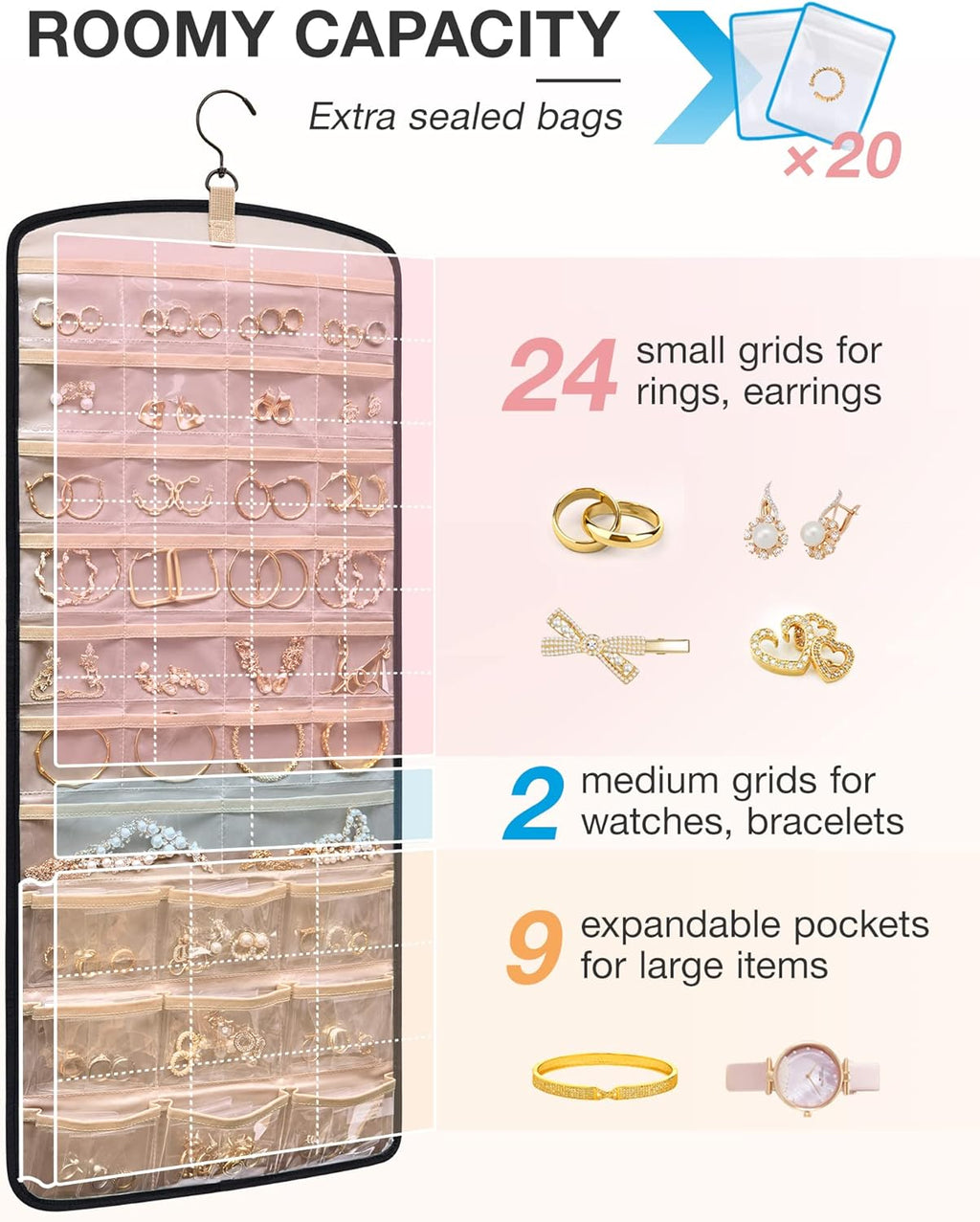 Dual sided hanging jewelry organizer with 20 Jewelry Bags