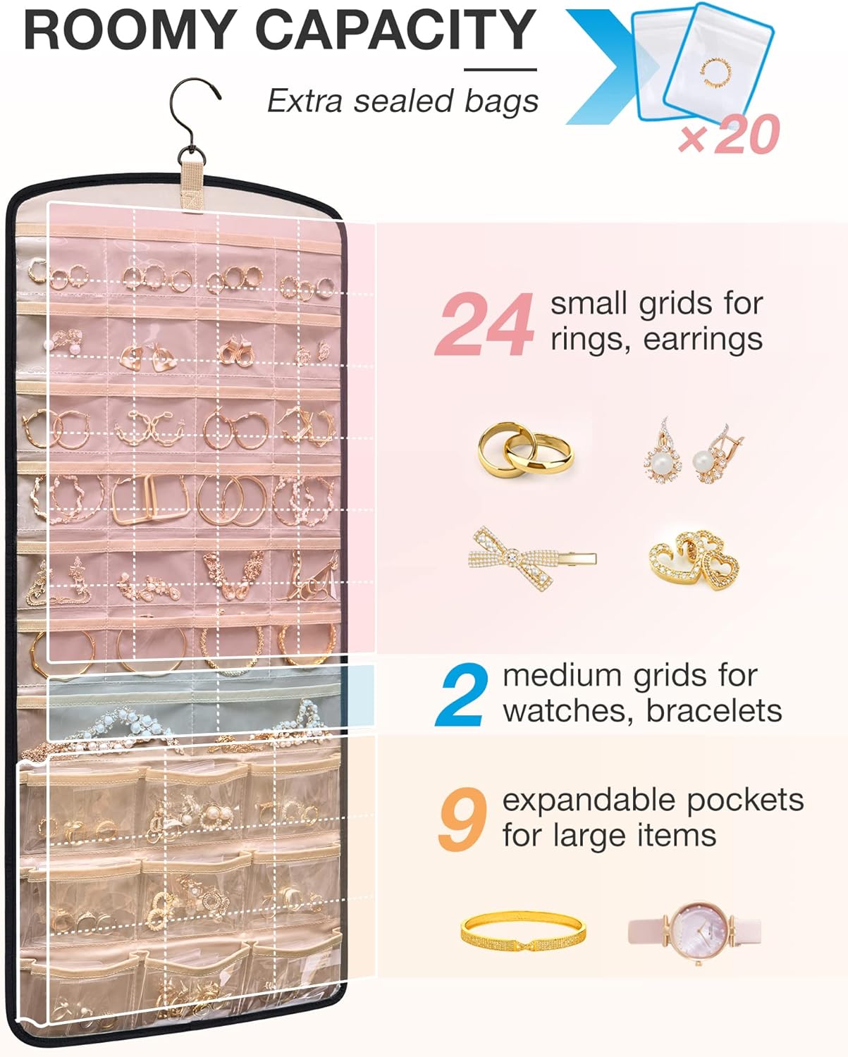 Dual sided hanging jewelry organizer with 20 Jewelry Bags