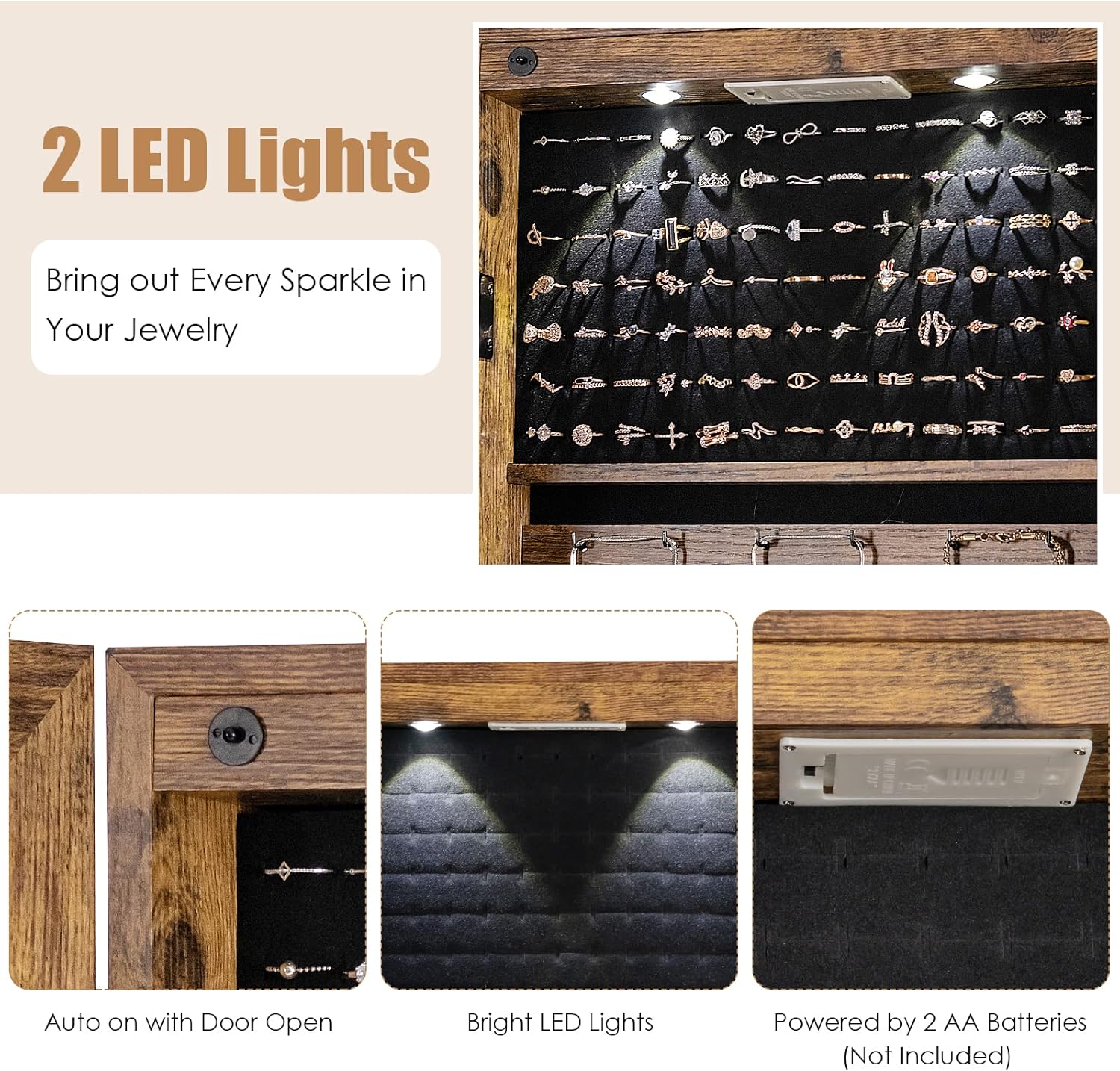 Rustic Wooden Wall Mounted Jewelry Cabinet Large