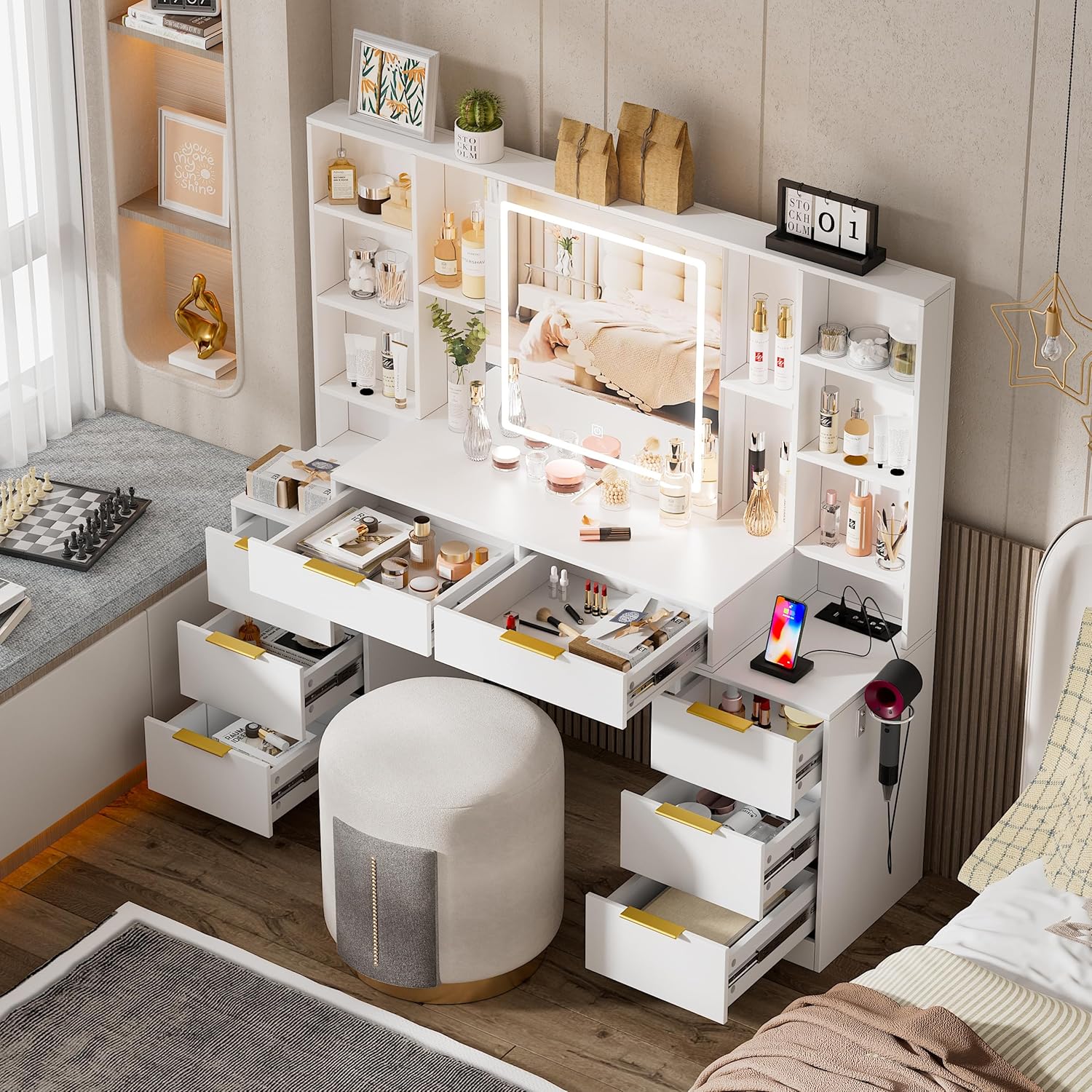 Large Makeup Vanity Desk with Lighted Mirror & Power Outlet