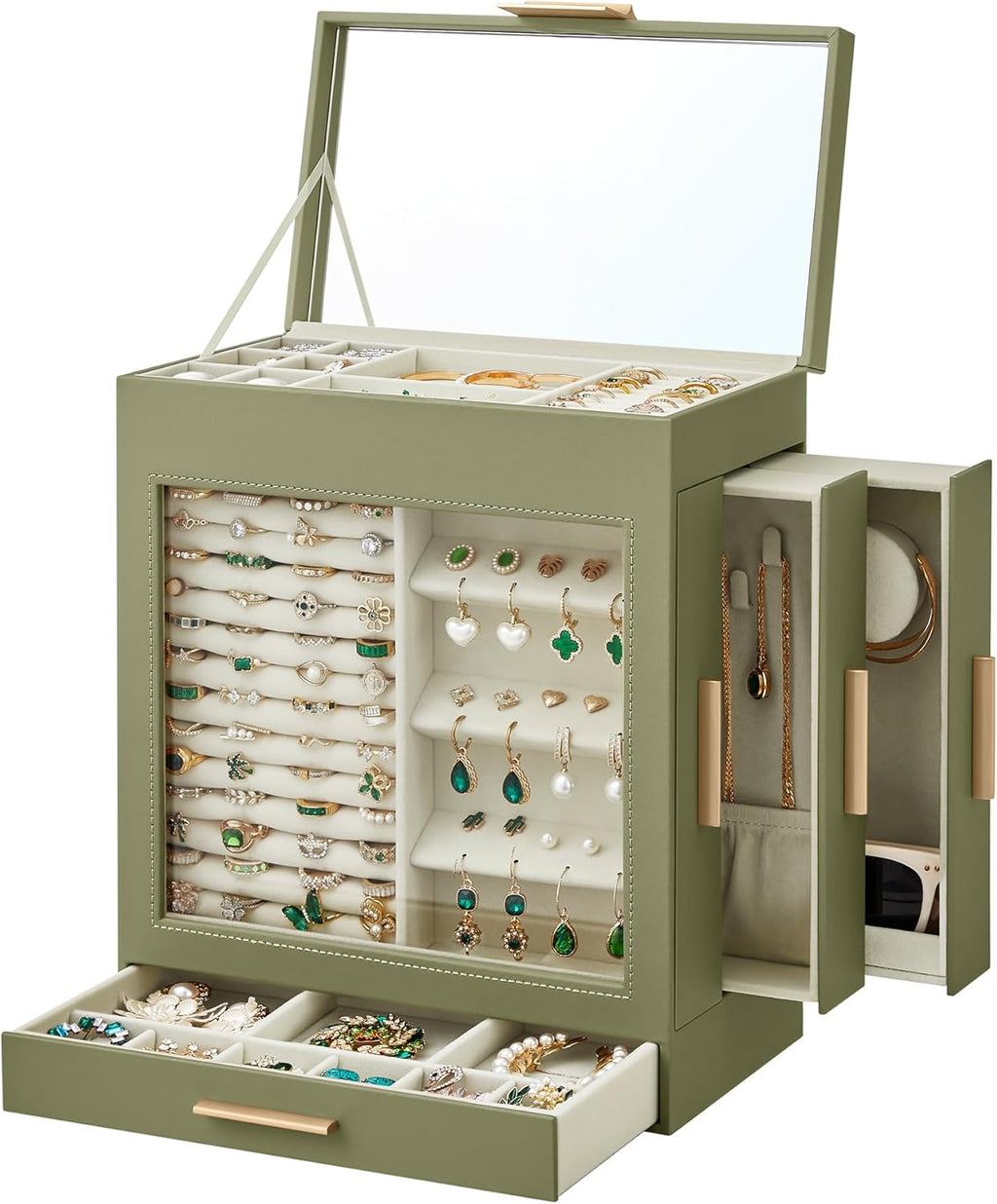 5-Layer Large Jewelry Storage Box with Mirror and 3 Side Drawers