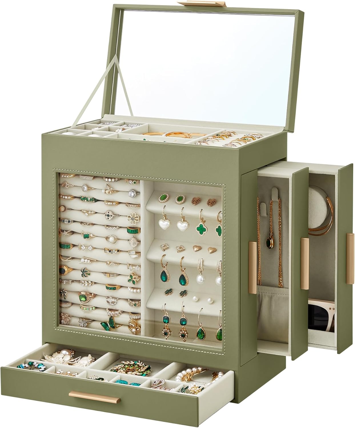 5-Layer Large Jewelry Storage Box with Mirror and 3 Side Drawers