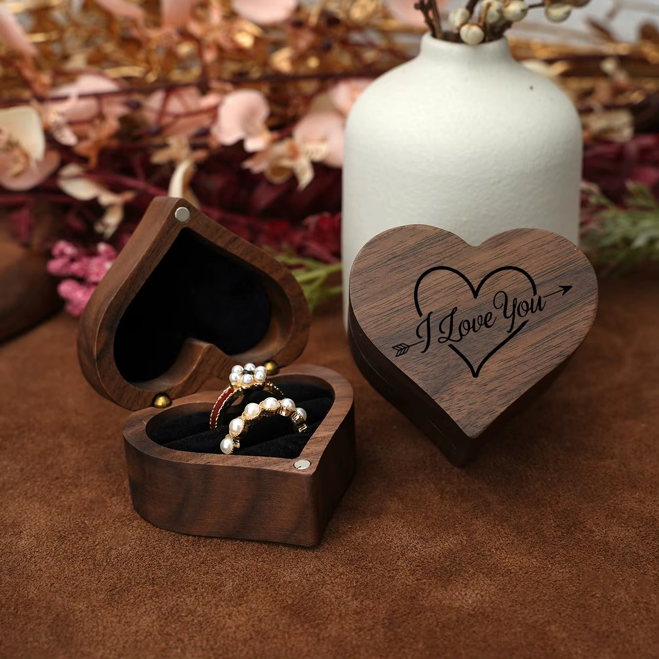 Vintage Wood Heart-Shaped Ring Jewelry Box