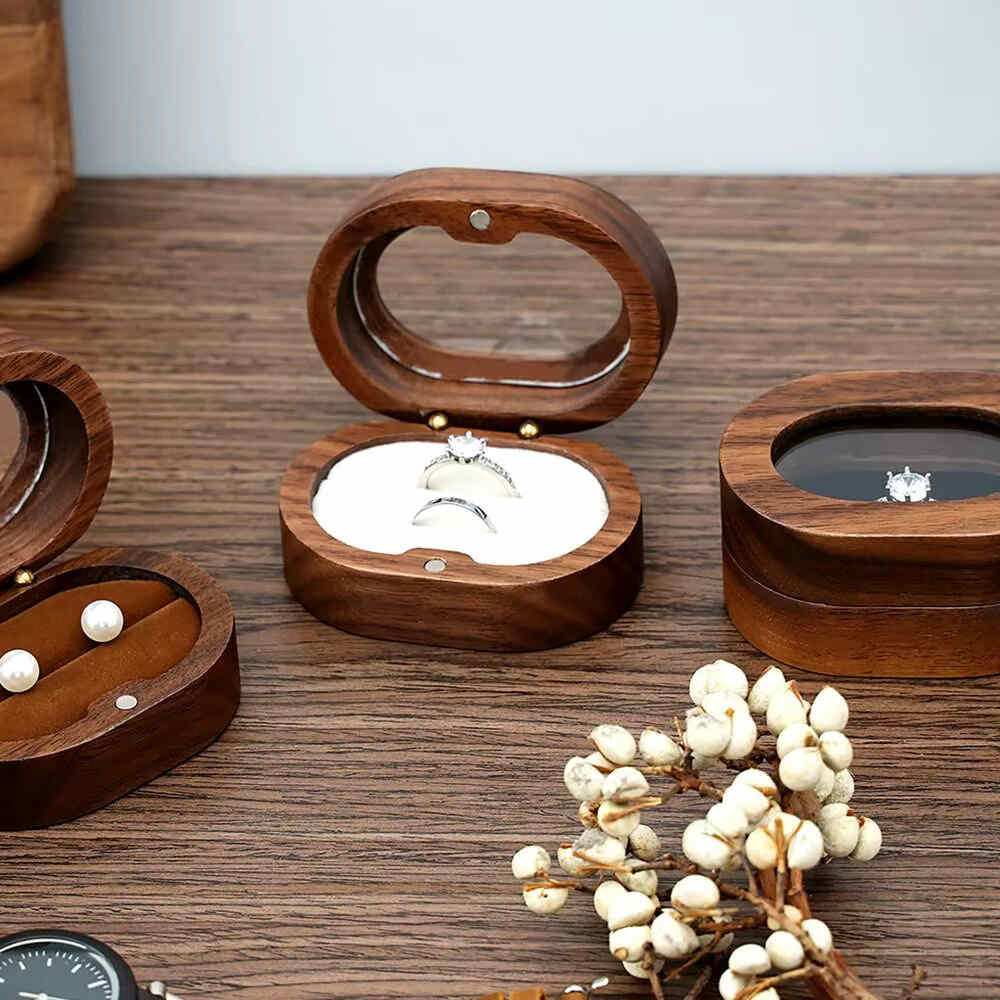 Oval Wooden Jewelry Ring Holder Box Engagement
