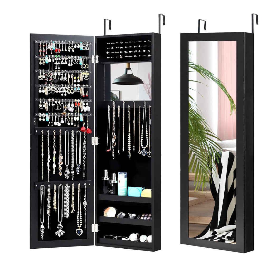 Wall Mounted Jewelry Armoire with Mirror - Black