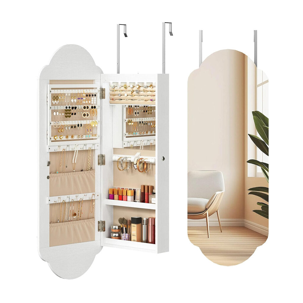 Hanging Jewelry Cabinet with Storage, Lockable, Interior Mirror
