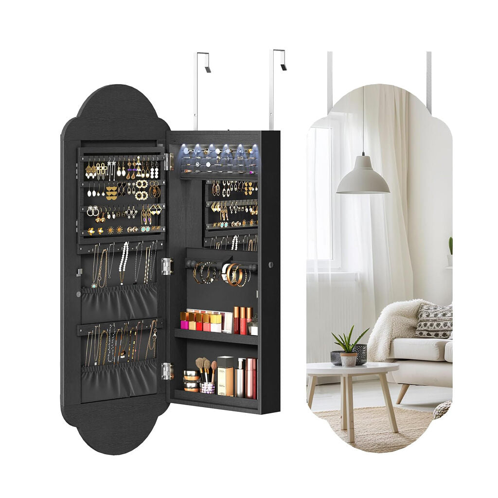 Hanging Jewelry Cabinet with Storage, Lockable, Interior Mirror