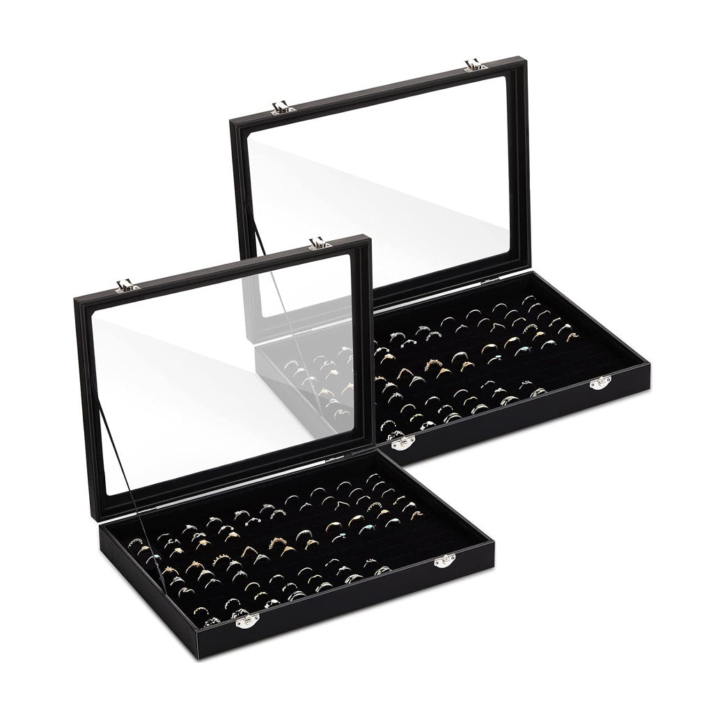 2 Pcs 100 Slots Ring Organizer Box with Transparent Glass