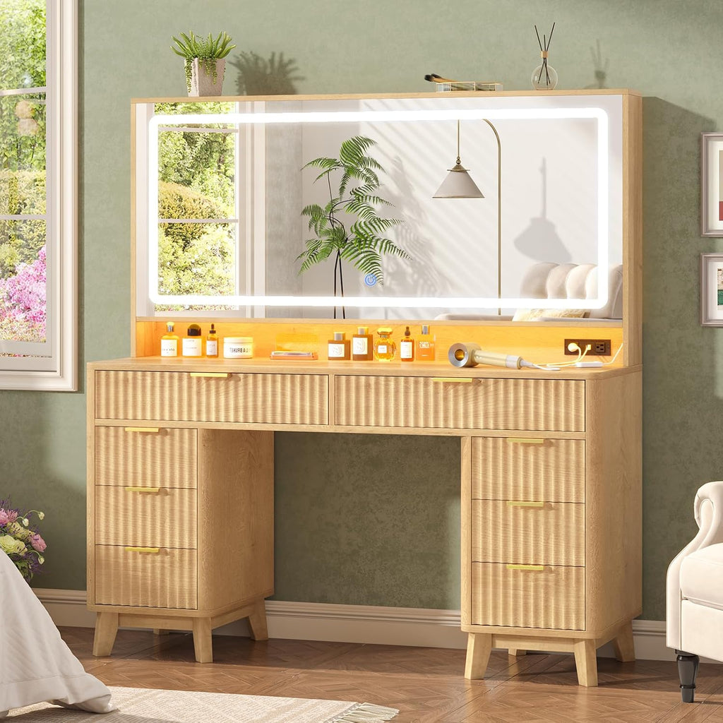 Fluted Vanity Desk with 46" Large Mirror and Lights