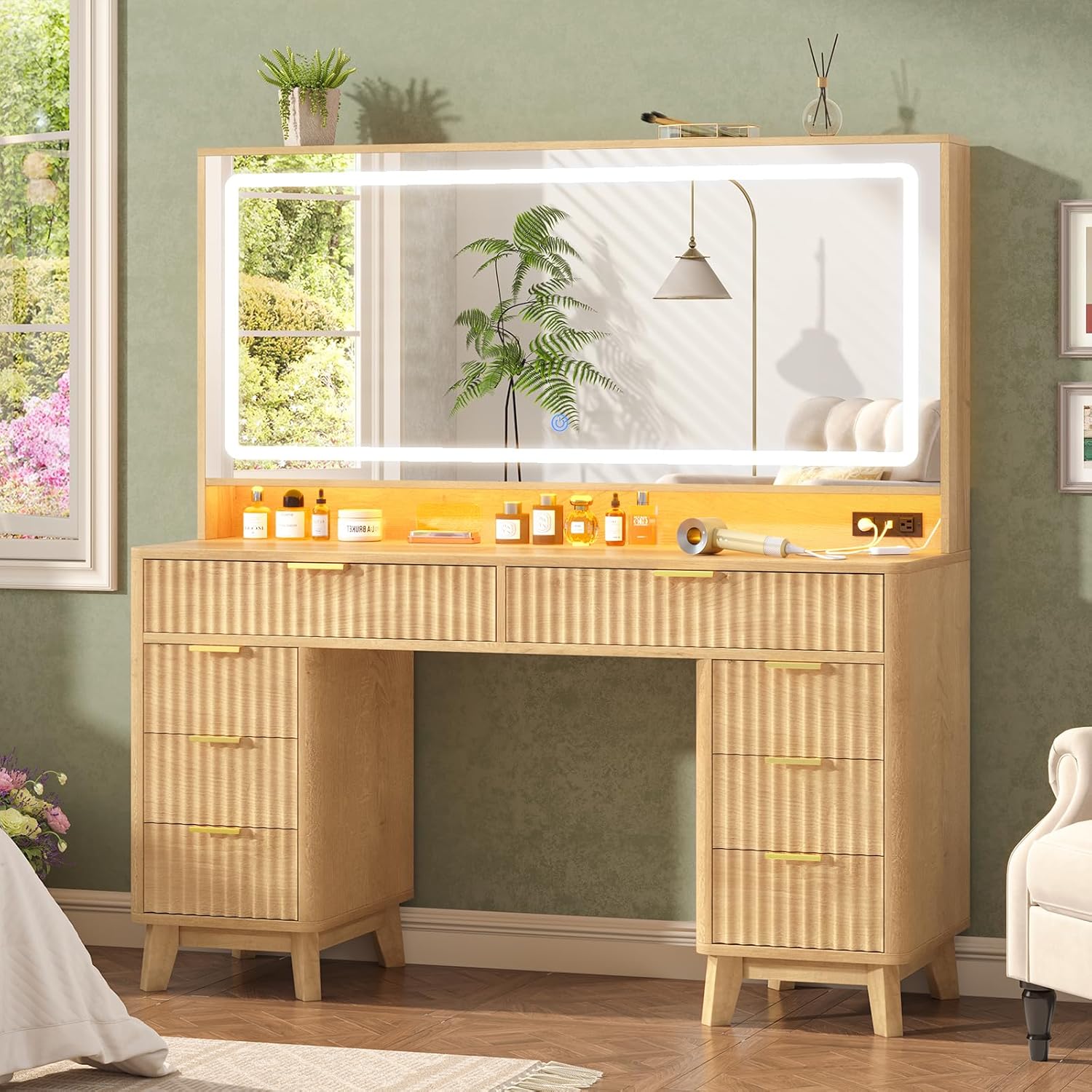 Fluted Vanity Desk with 46" Large Mirror and Lights