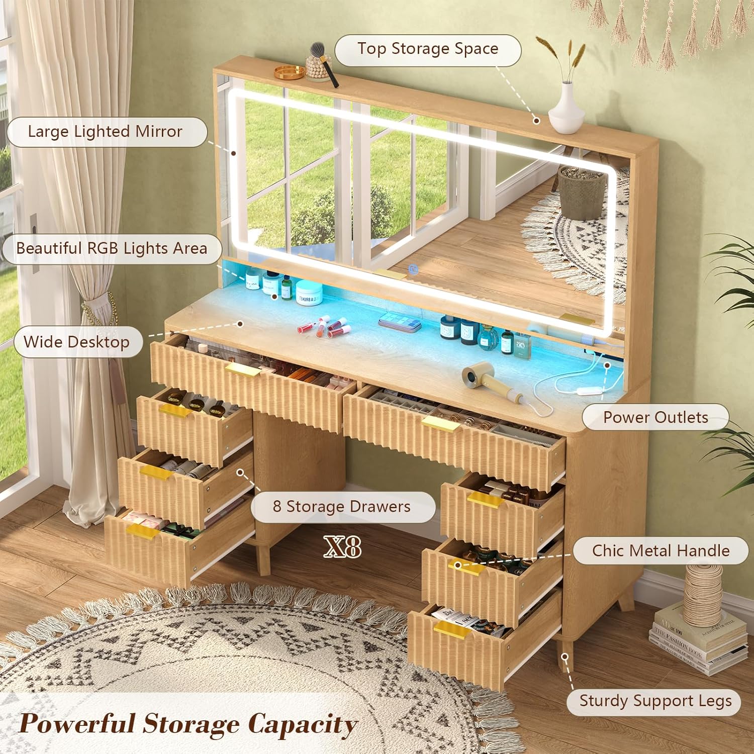 Fluted Vanity Desk with 46" Large Mirror and Lights