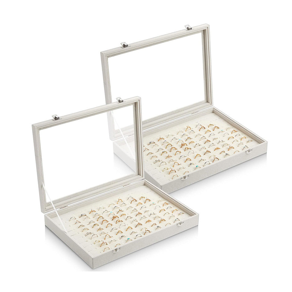 2 Pcs 100 Slots Ring Organizer Box with Transparent Glass