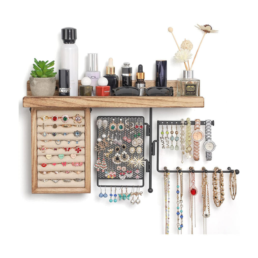 Hanging Jewelry Organizer Wall Mount Rustic Wood