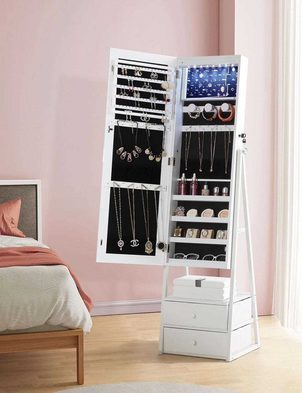 Lockable Standing Mirror Jewelry Cabinet with Drawers