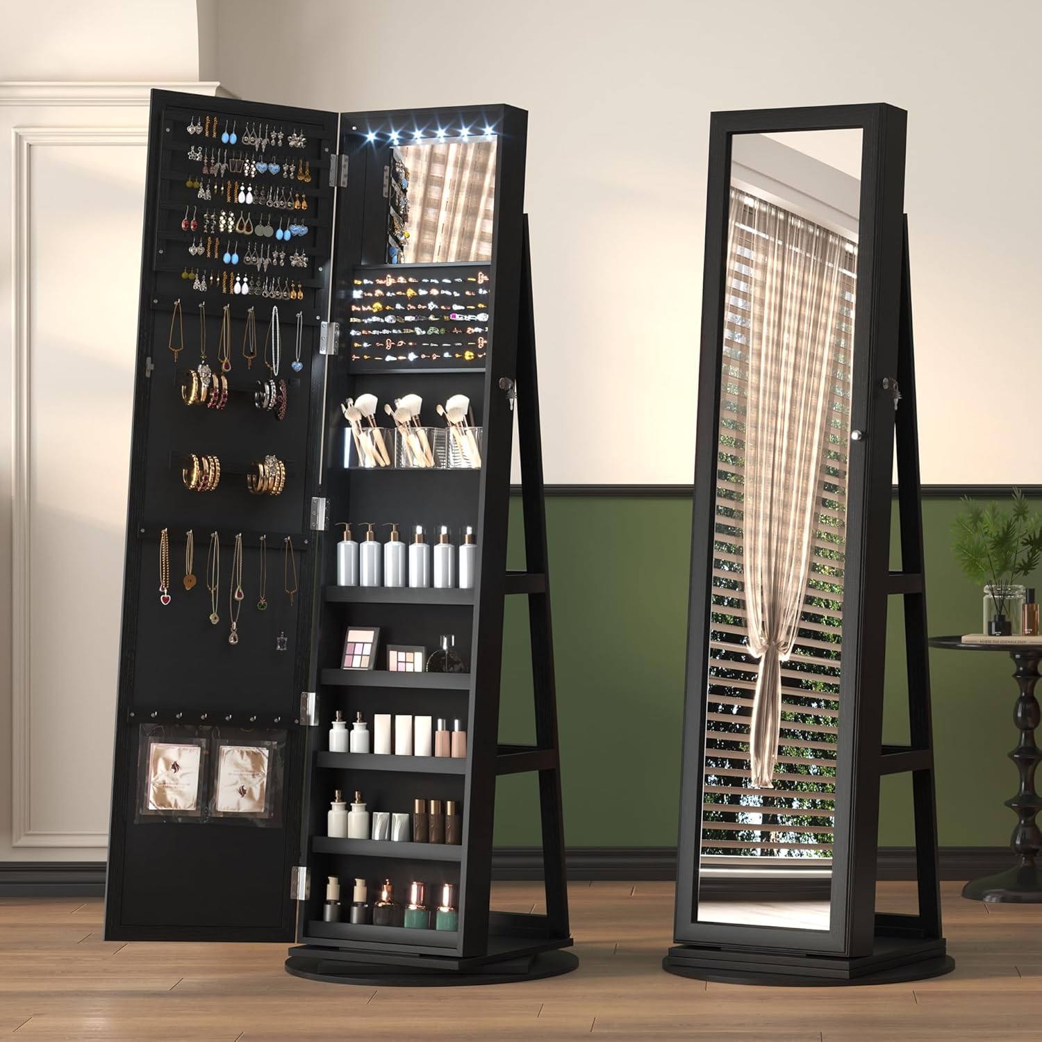 Standing Jewelry Armoire 6 LEDs Lockable Mirror Cabinet
