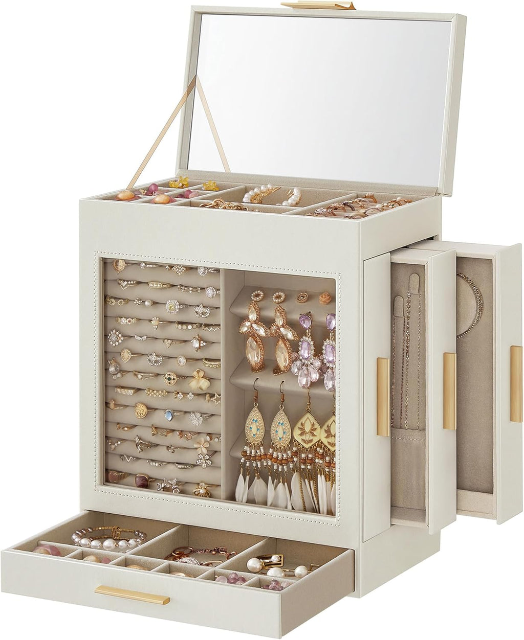 5-Layer Large Jewelry Storage Box with Mirror and 3 Side Drawers