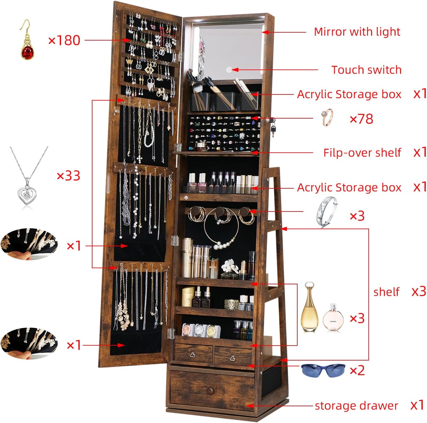 360 Swivel Full Length Mirror Jewelry Cabinet
